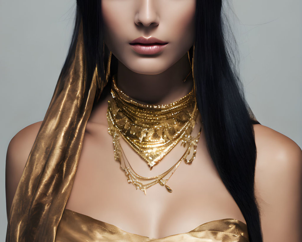 Woman with black hair, pale skin, and bold makeup in golden attire and layered necklaces