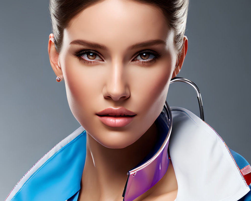 Digital artwork of woman with sleek hair in futuristic jacket & visor