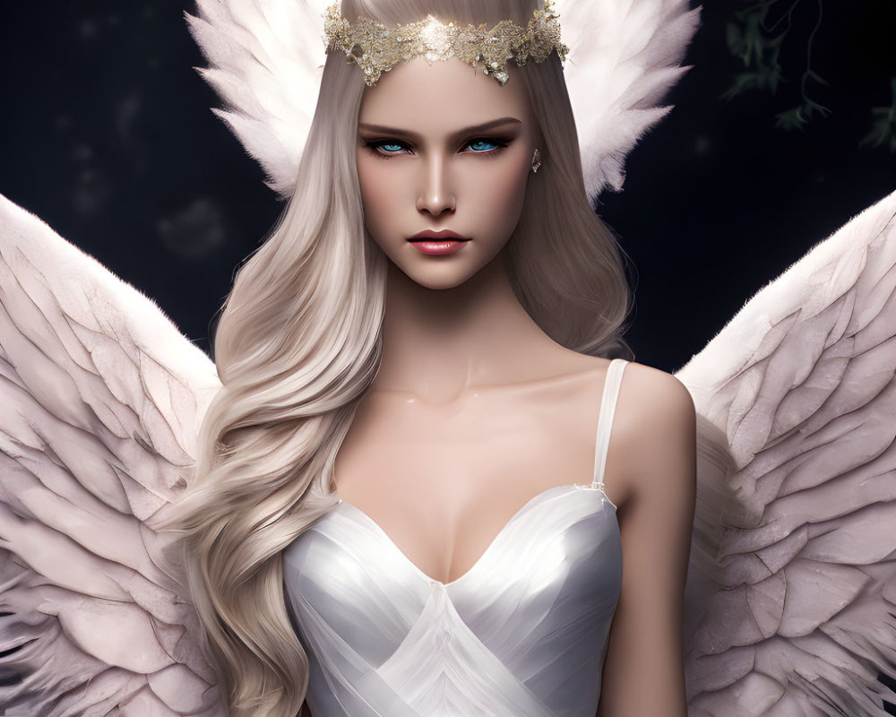 Digital illustration of woman with long blonde hair, blue eyes, angel wings, white dress, golden head