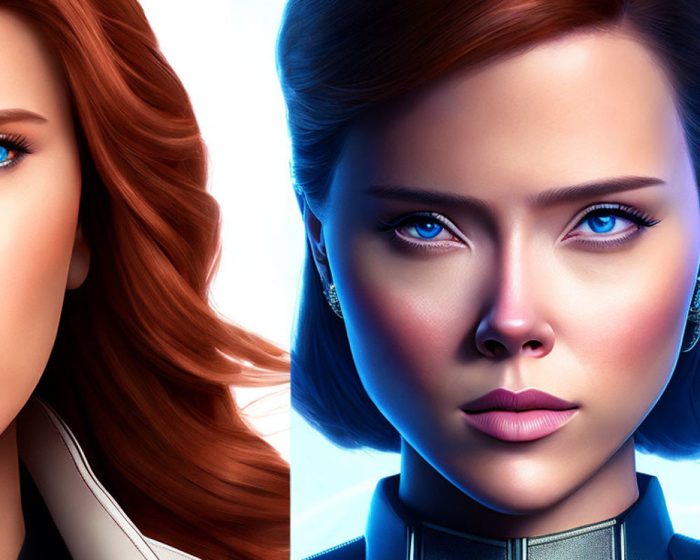 Stylized female character with auburn hair and futuristic blue lighting contrasted