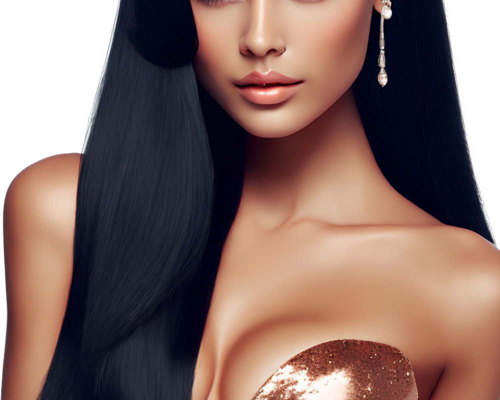 Woman with Black Hair, Blue Eyes, Golden Top, and Elegant Earring