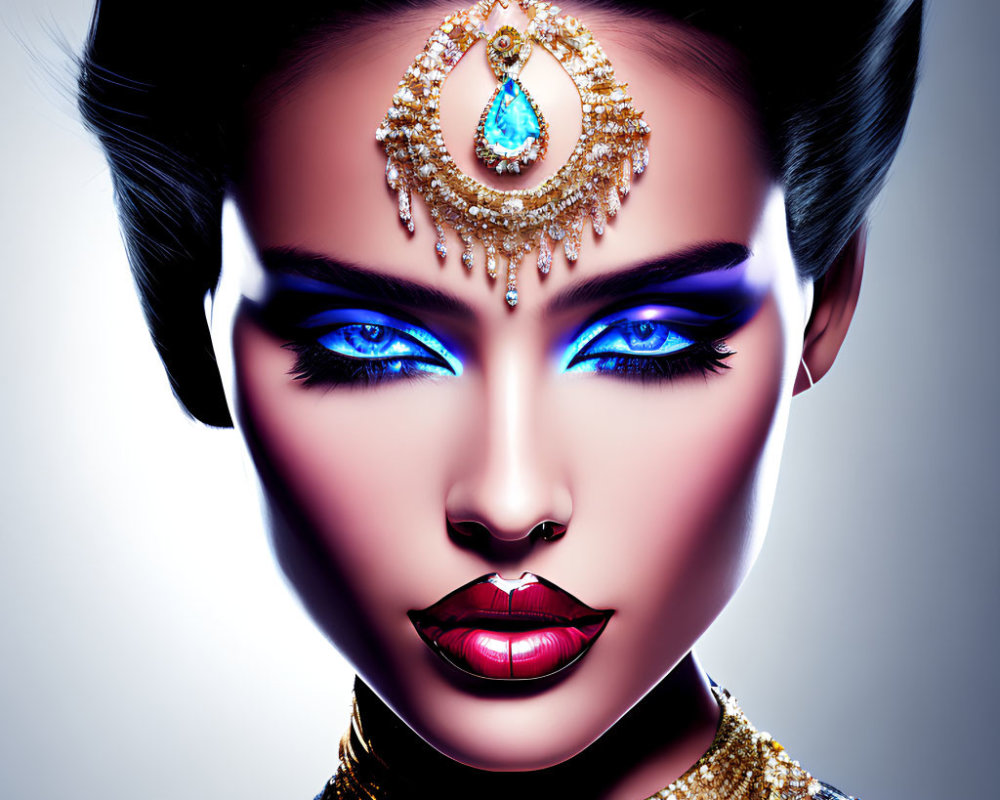 Stylized portrait of a woman with dramatic blue eyeshadow and golden head jewelry