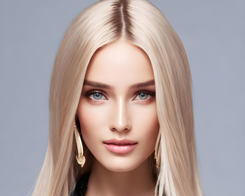 Blonde Woman with Blue Eyes and Gold Earrings on Gray Background