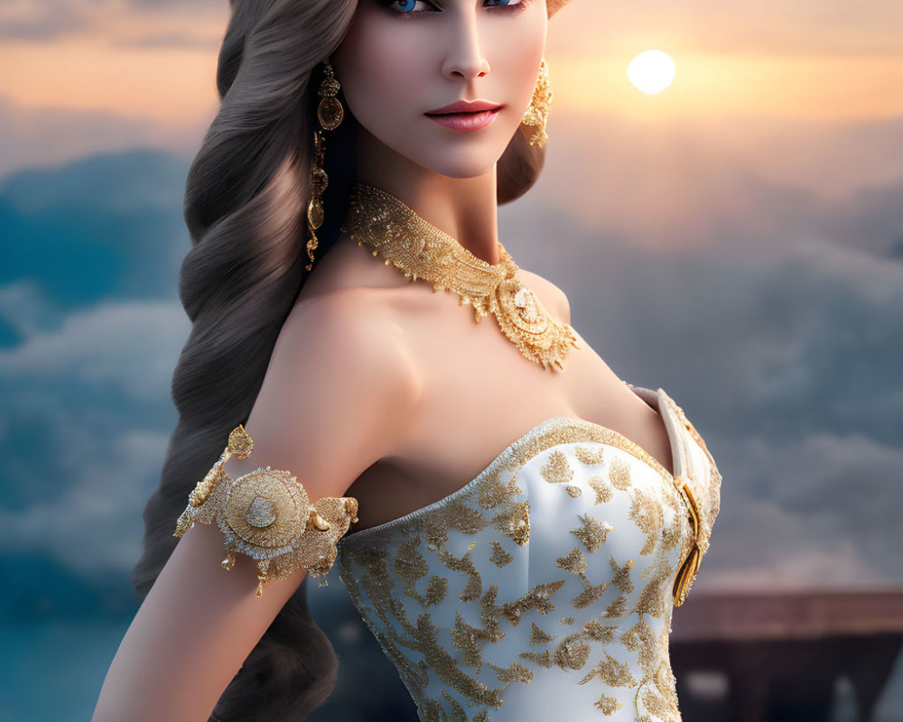 Digital artwork of woman in gold-adorned white dress against sunset sky