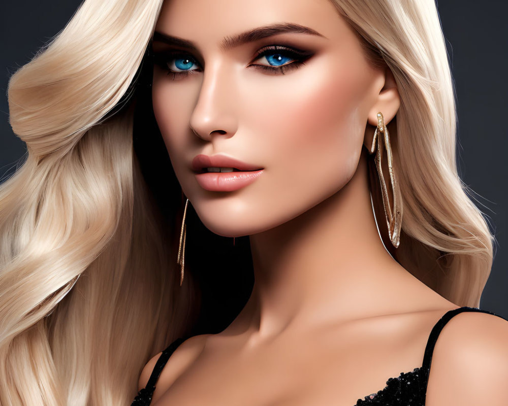 Woman with Blue Eyes and Blonde Hair in Gold Earrings on Dark Background