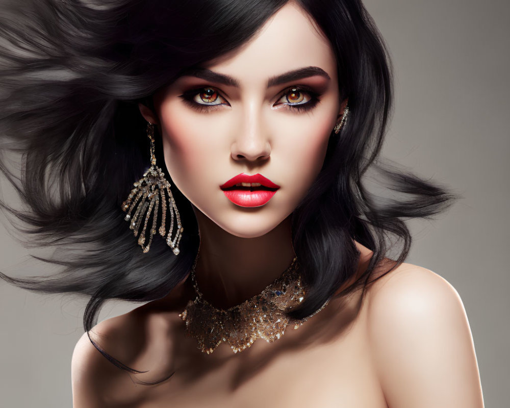 Woman with Striking Makeup, Dark Hair, Red Lipstick, Gold Earrings, and Necklace