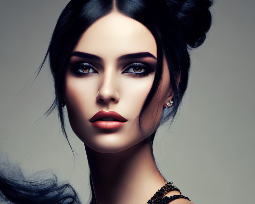 Elegant updo and smoky eyes makeup on woman against gray background