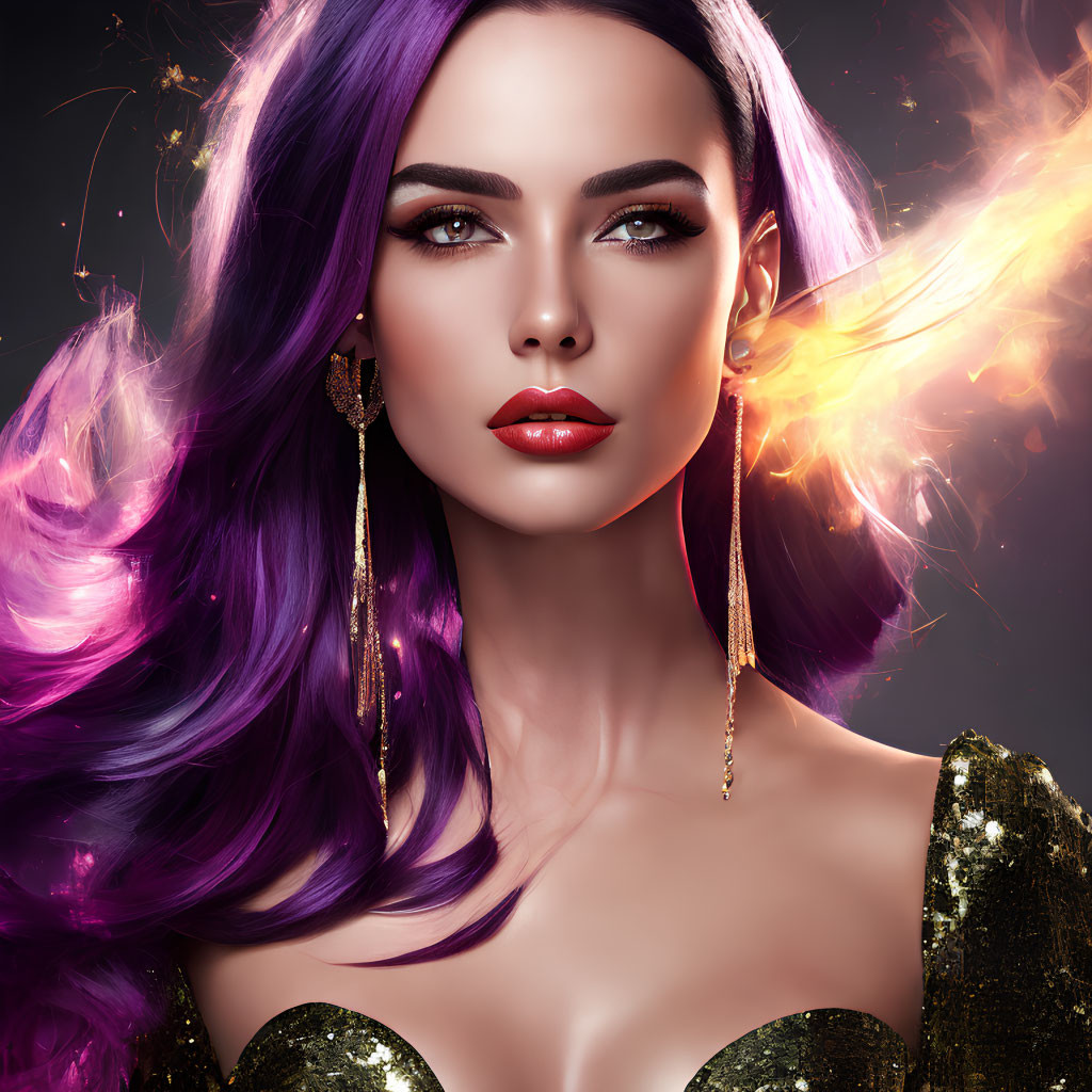 Vibrant Purple Hair Woman with Flames Digital Artwork