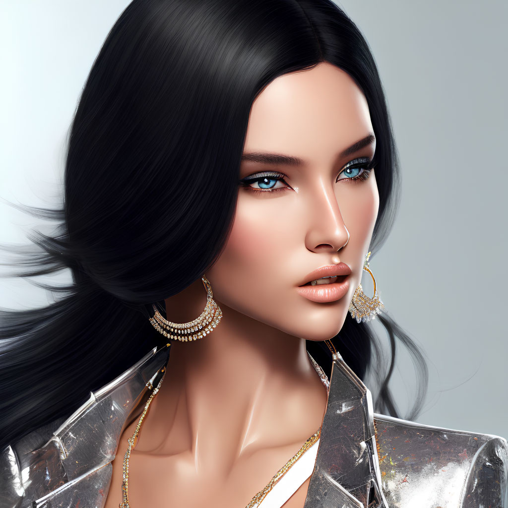 Close-up digital portrait of a woman with sleek black hair and piercing blue eyes.