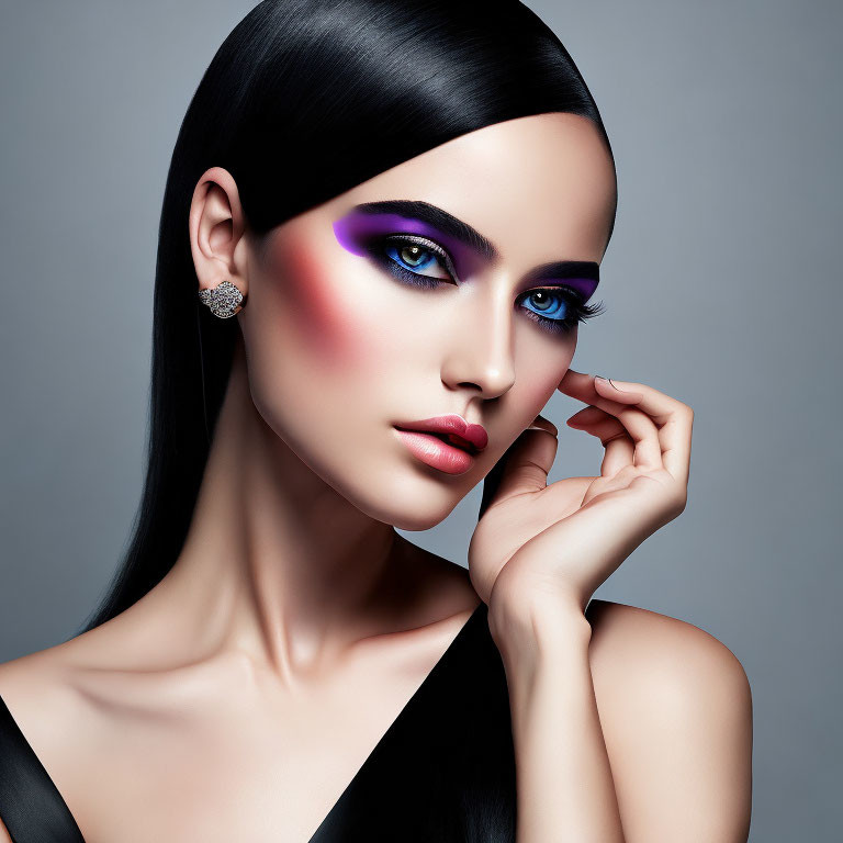 Woman with Vibrant Purple Eyeshadow and Pink Blush Makeup Look