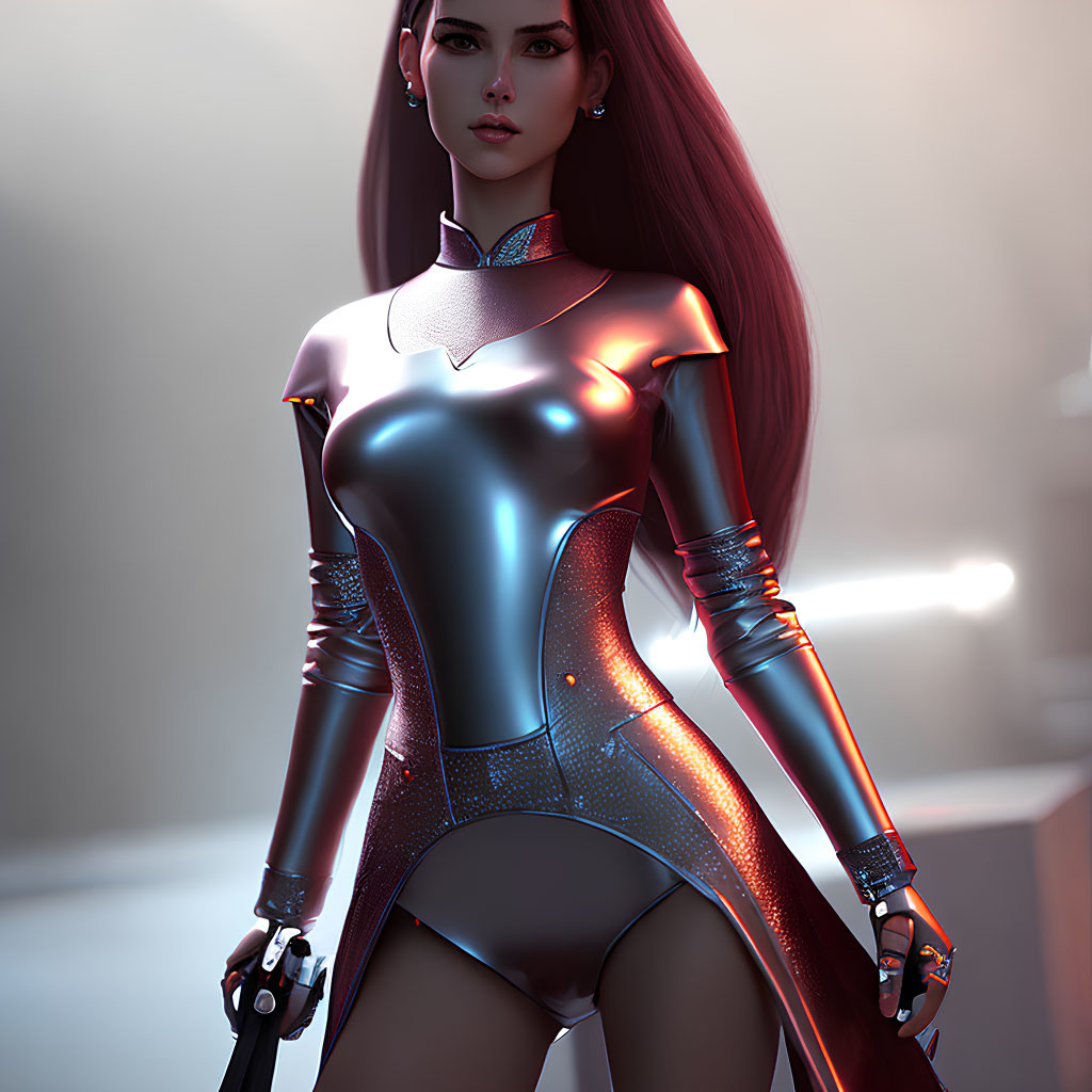 Digital artwork: Female character with red hair in futuristic bodysuit, gloves, and helmet