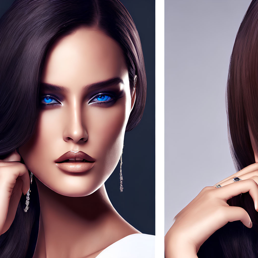 Digital illustration: Woman with blue eyes, flawless makeup, and sleek hair in split portrait