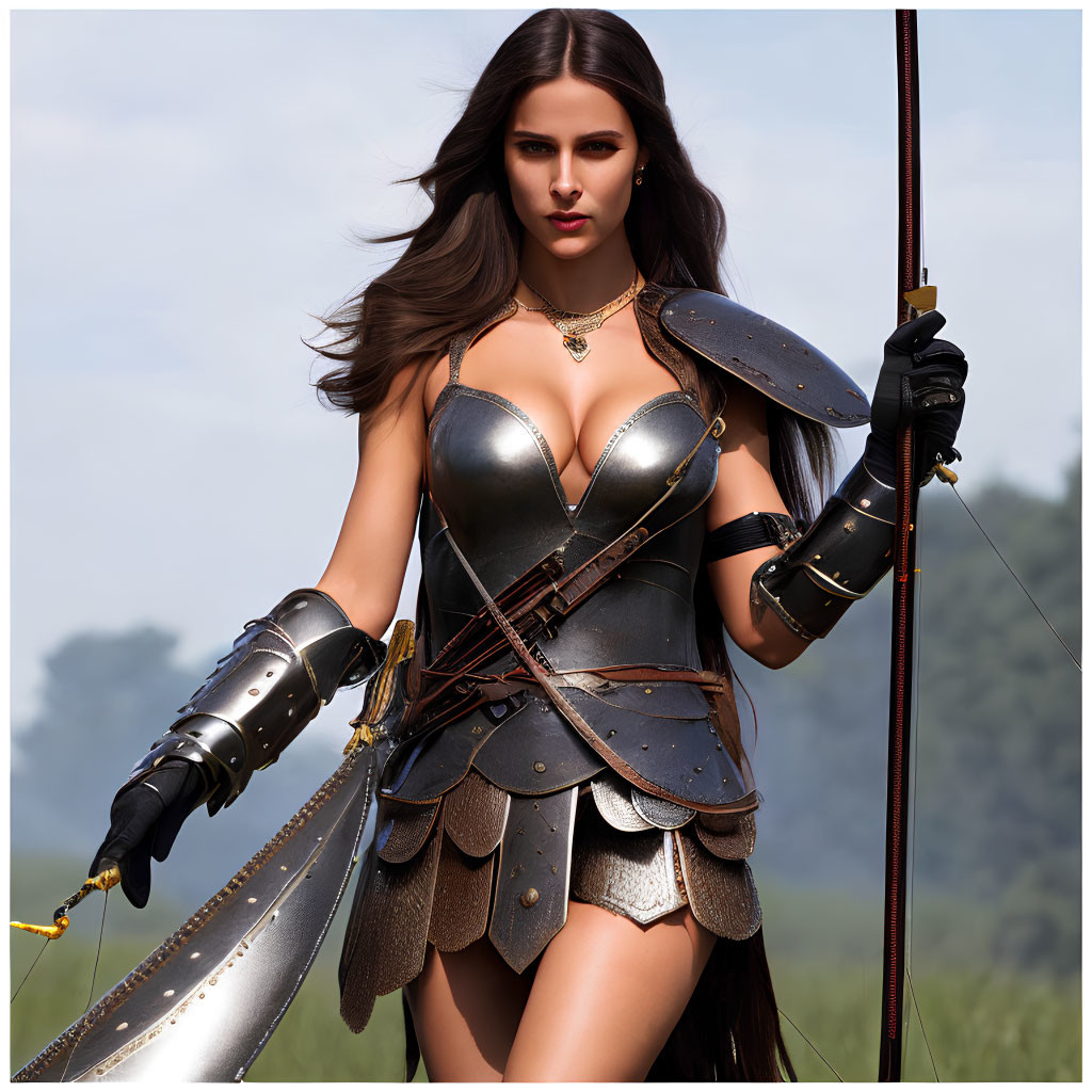 Female warrior in medieval armor with bow and arrow in grassy field