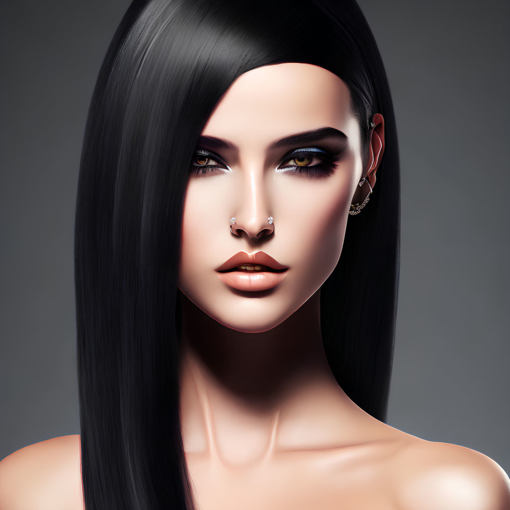 Digital portrait of a woman with black hair, nose and lip piercings, bold eye makeup