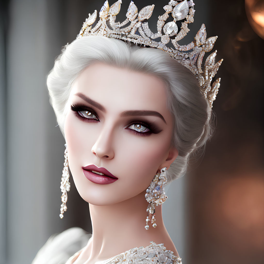 3D Rendered Image of Woman with Platinum Blonde Hair and Sparkling Tiara