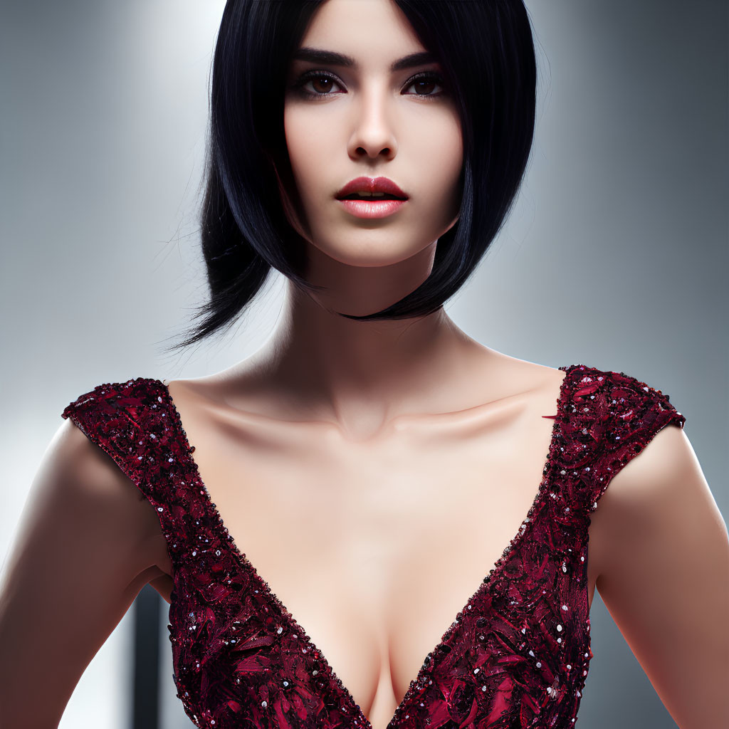 Woman in Sparkly Burgundy Dress with Bangs and Black Hair on Grey Background