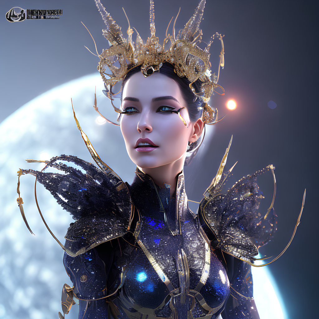 Digital artwork: Woman with golden crown and black/gold armor on moon background