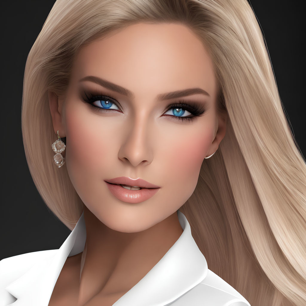 Blonde Woman with Blue Eyes in White Attire and Diamond Earring on Dark Background