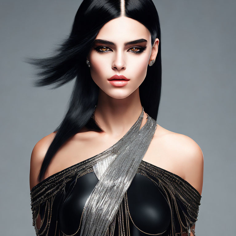 Sleek black hair and metallic strap dress on confident woman