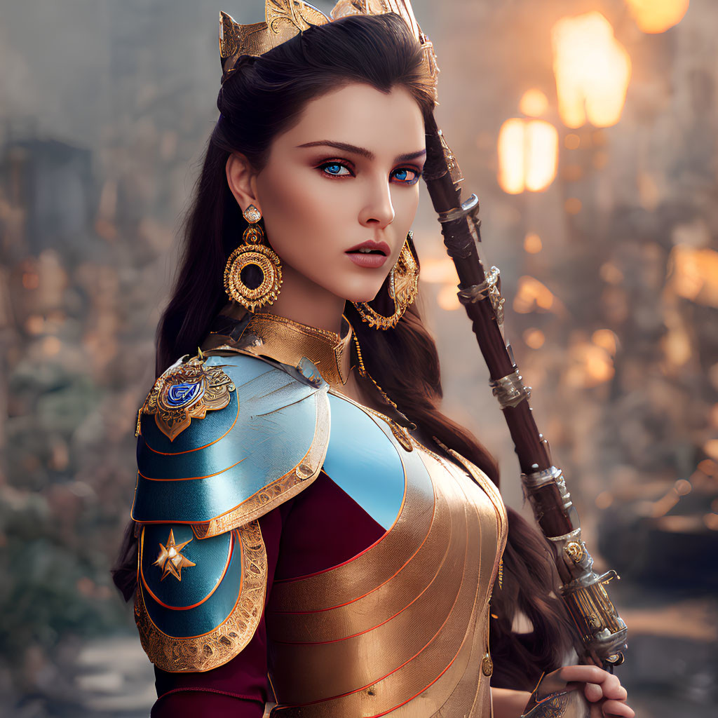 Regal woman with dark hair and blue eyes in golden crown and armor.