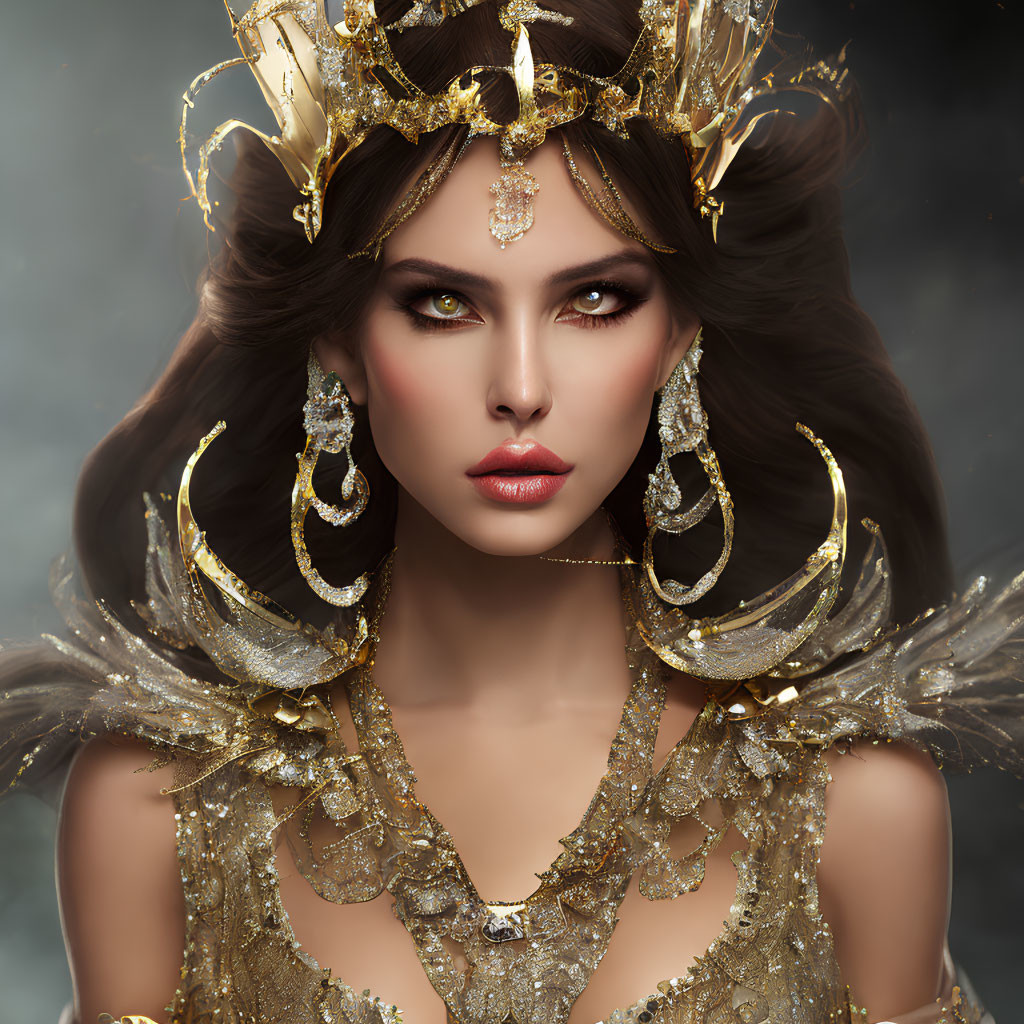 Dark-Haired Woman in Striking Makeup and Ornate Gold Jewelry