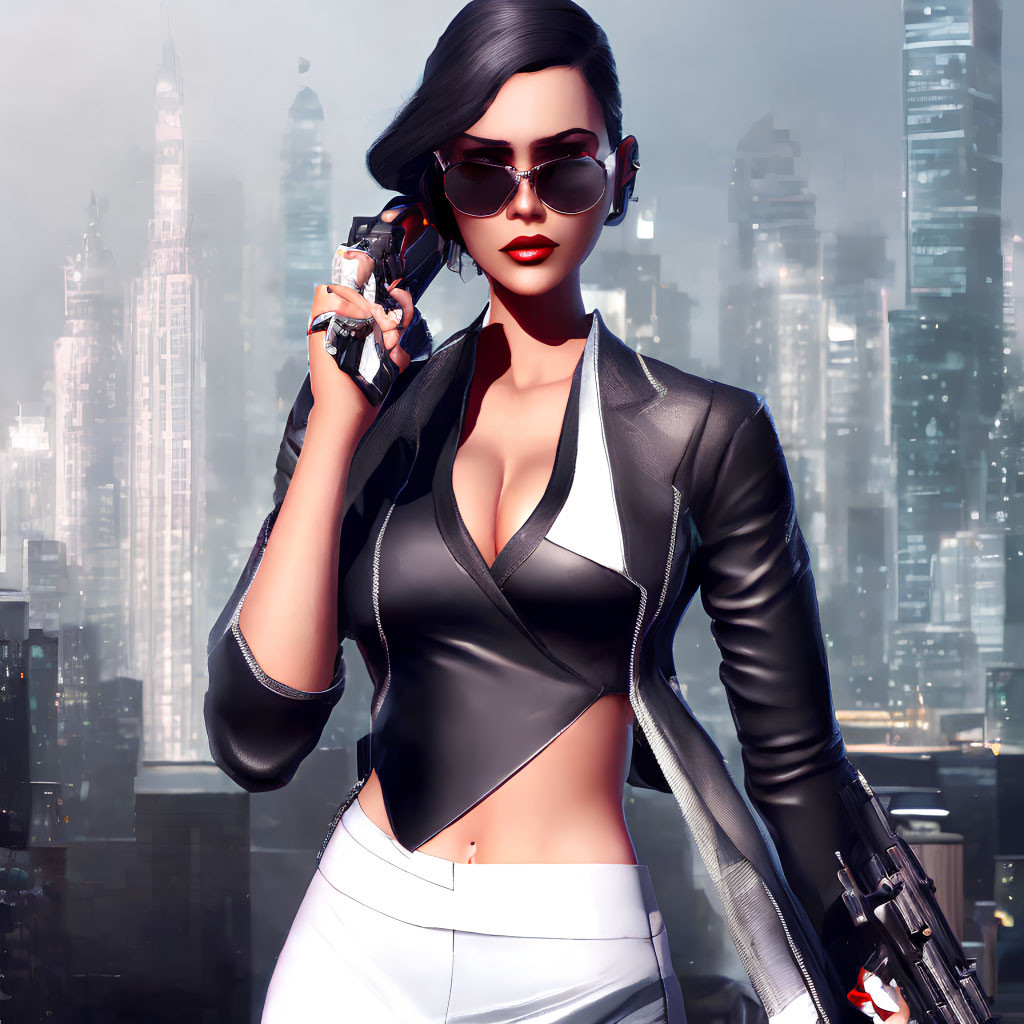 Stylized female character in leather jacket with gun against futuristic cityscape