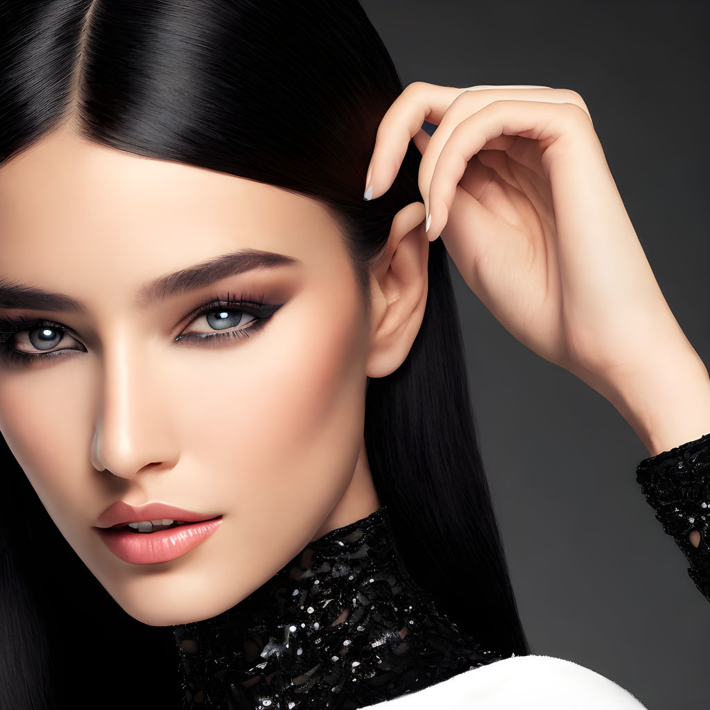 Dark-haired woman in black sequined outfit posing with hand in hair