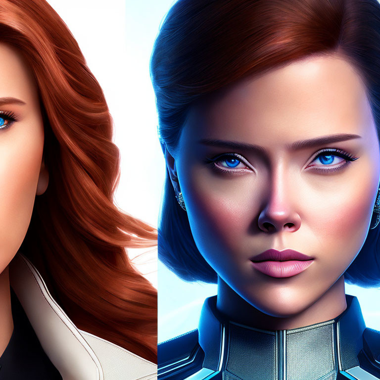 Stylized female character with auburn hair and futuristic blue lighting contrasted