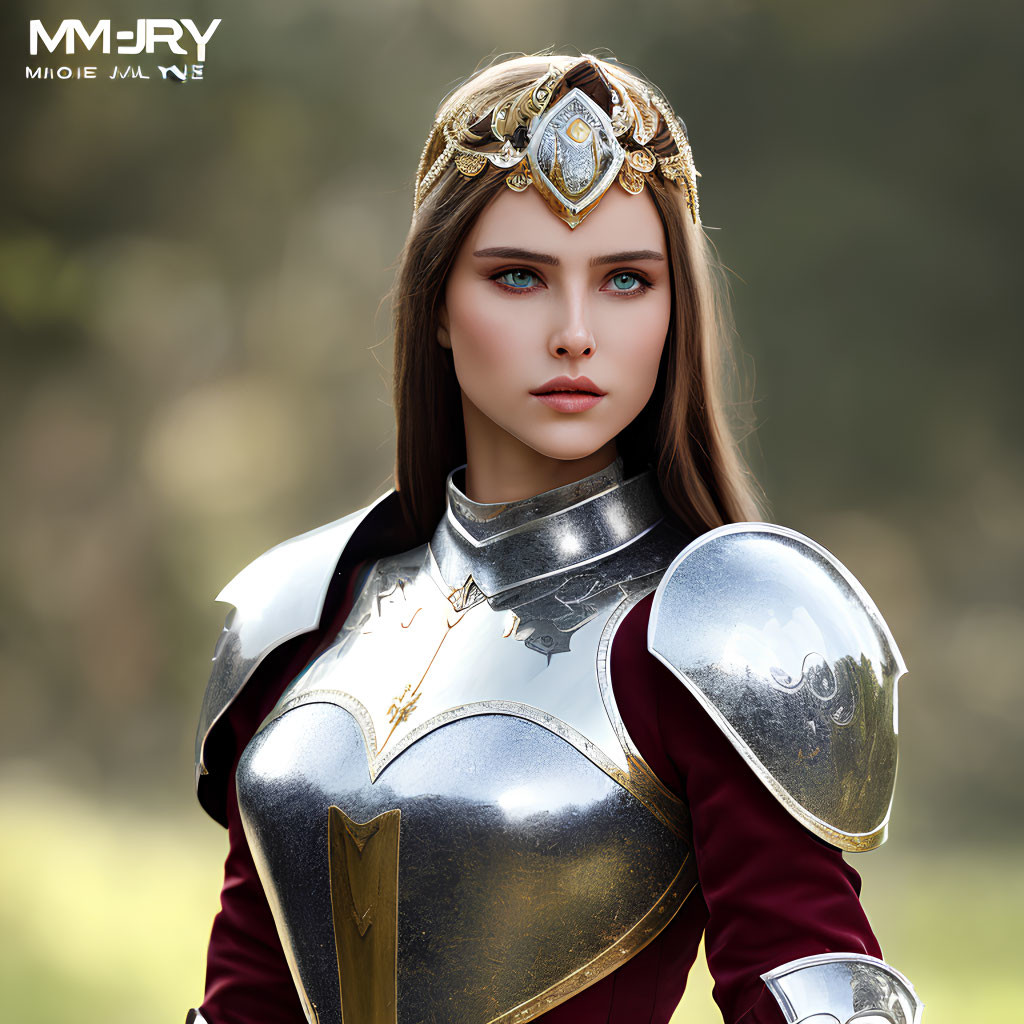 Medieval armor-clad woman in decorative helmet poses in forested setting