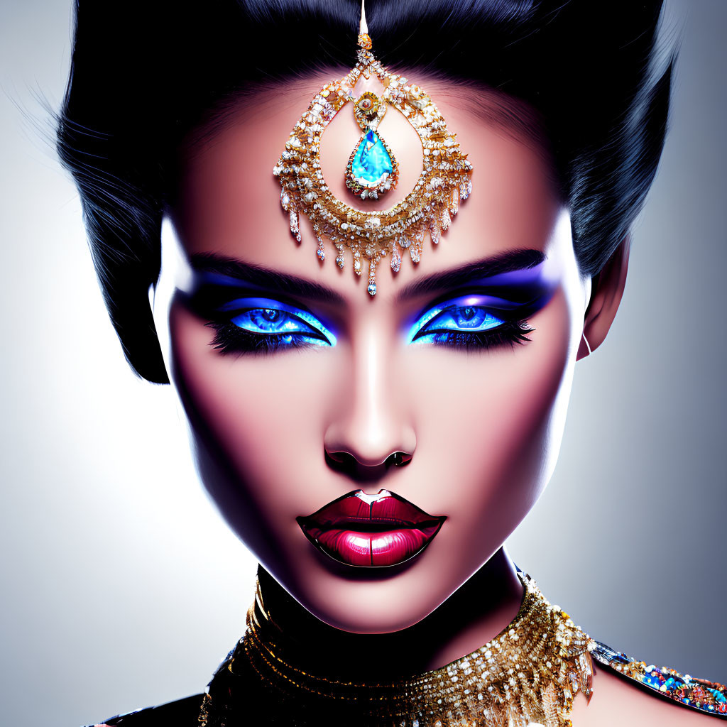 Stylized portrait of a woman with dramatic blue eyeshadow and golden head jewelry