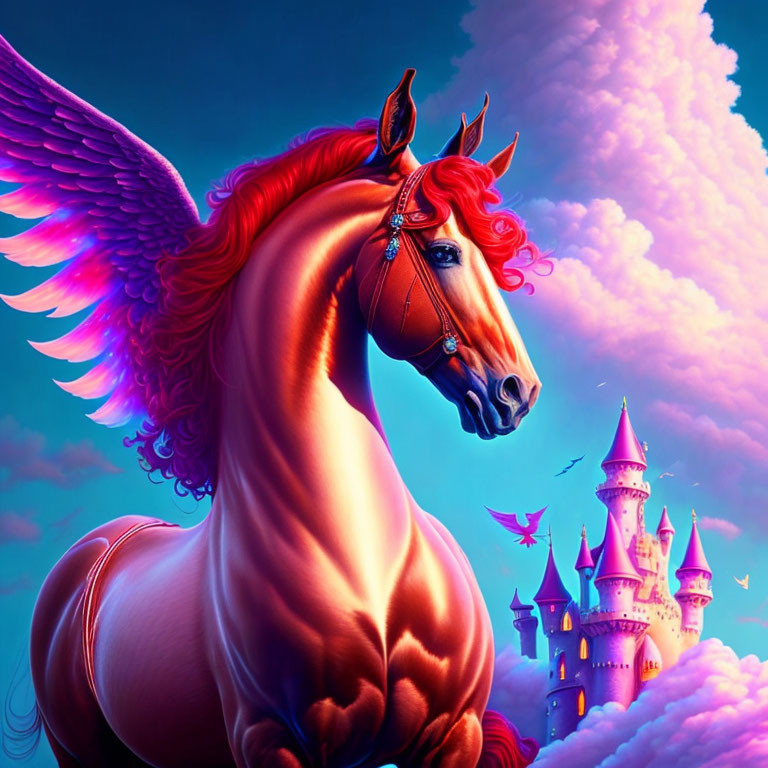 Winged red horse with flowing mane at pink castle under blue sky