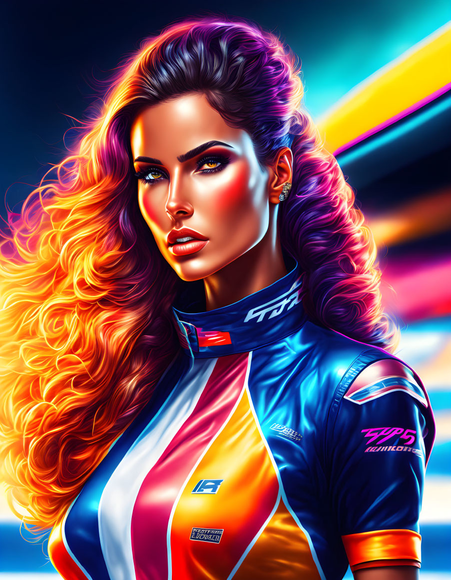 Vibrant digital portrait of woman in futuristic racing suit