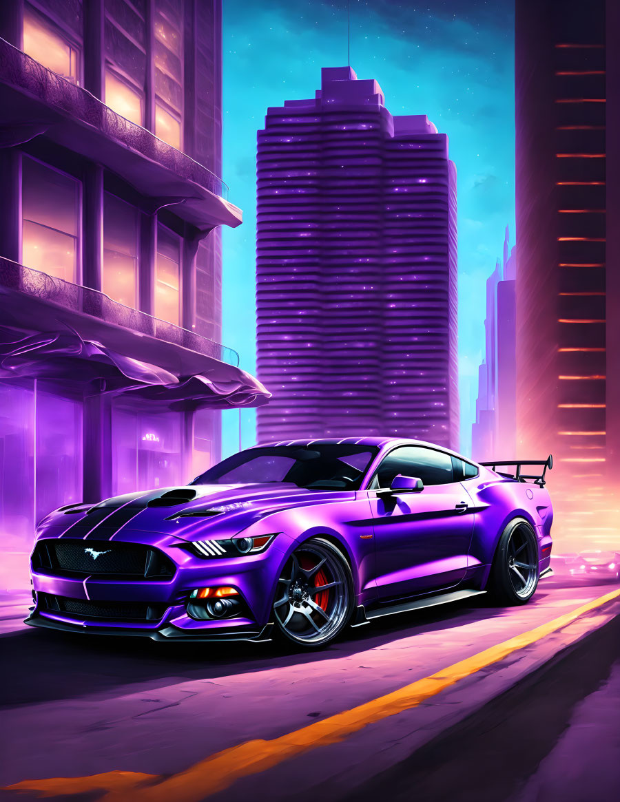 Purple Ford Mustang with aftermarket mods parked on city street at twilight