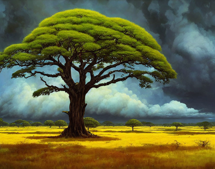 Solitary majestic tree in golden savannah under storm clouds