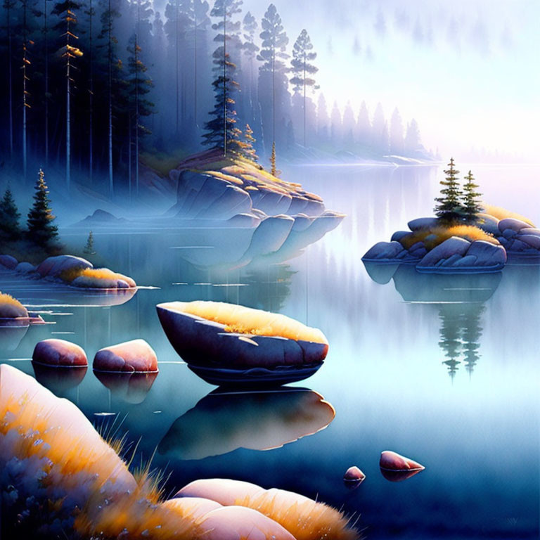 Tranquil lake landscape with pine trees and misty air