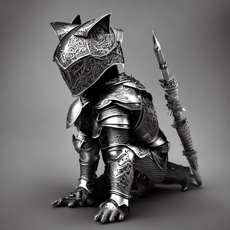 Medieval knight armor cat with spear on grey background