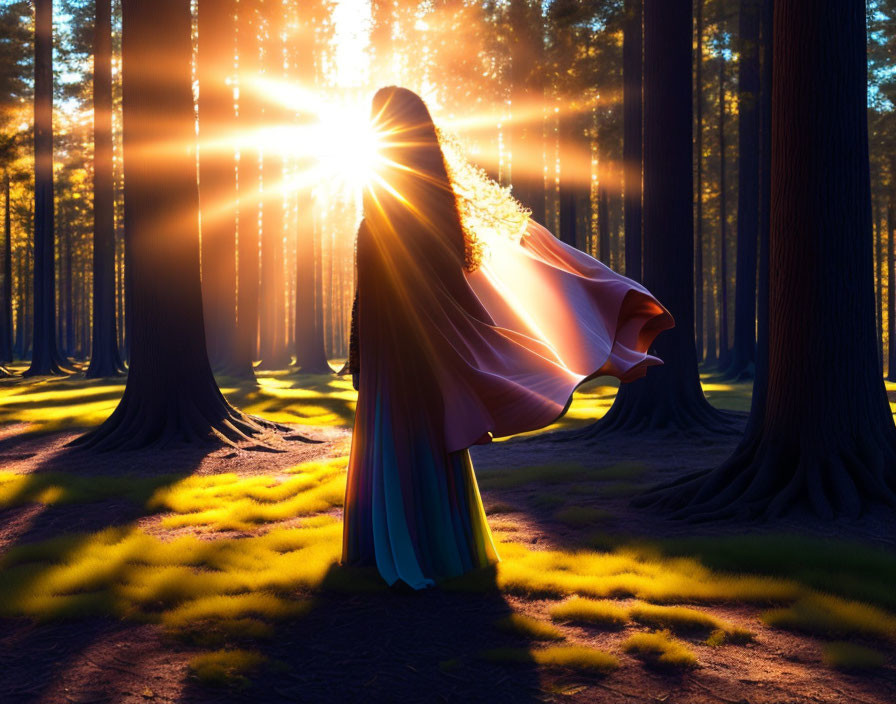 Colorful cloaked person in forest with sun rays: A mystical scene.