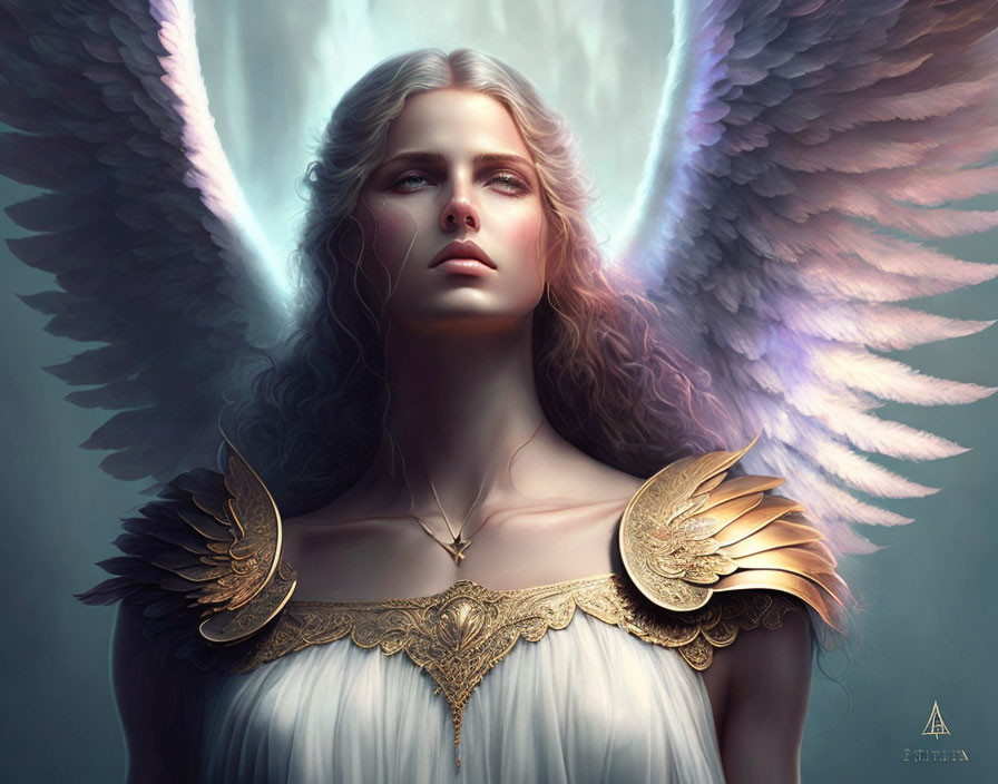 Ethereal figure with white wings and gold dress gazes skyward