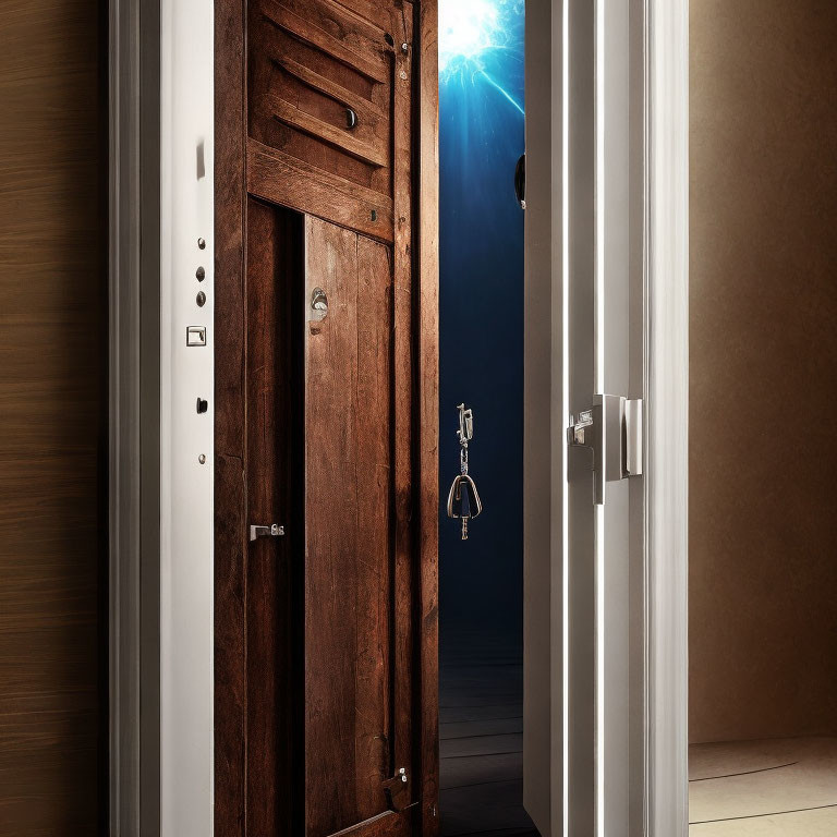 Partially Open Wooden Door with Keys and Blue Light in Modern Interior