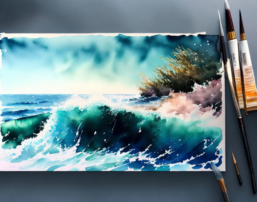 Vibrant seascape watercolor painting with crashing waves and paintbrushes.