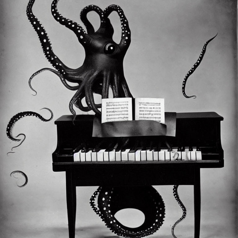 Octopus on piano with swirling tentacles and sheet music