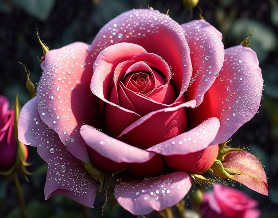 Close-up of dew-covered pink rose with delicate petals and vibrant colors against dark floral background