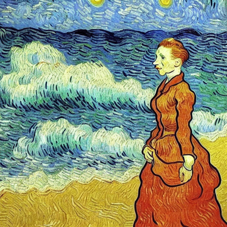 Expressionist painting of person by sea with blue and yellow swirls