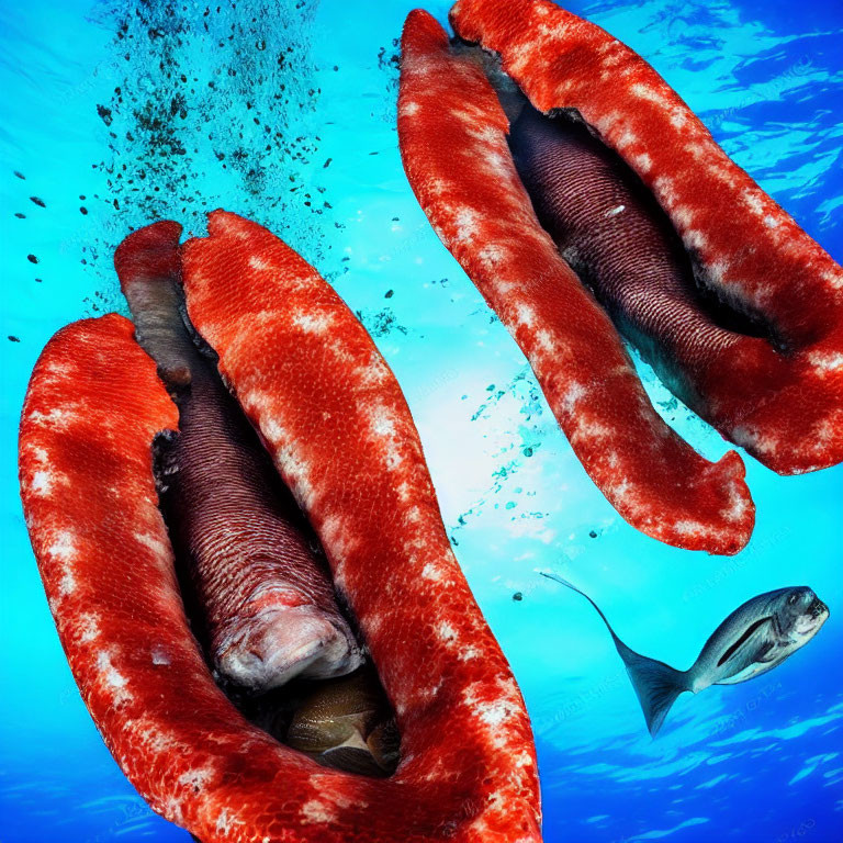 Vivid underwater scene: red sea cucumbers and fish on blue background