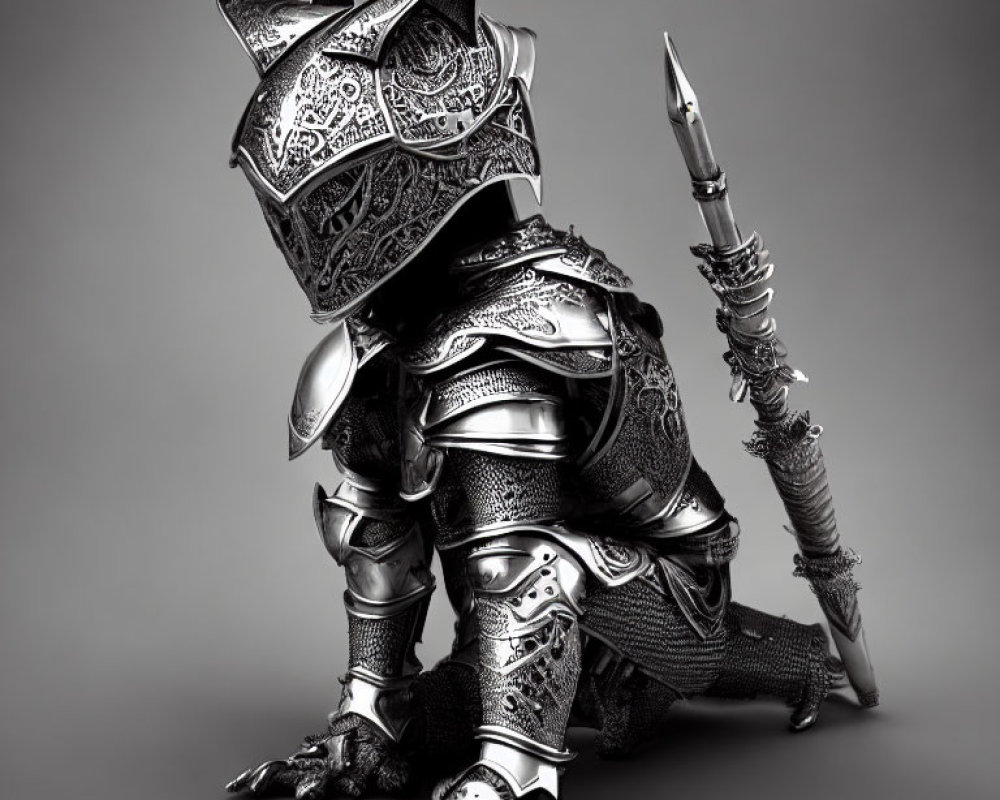 Medieval knight armor cat with spear on grey background