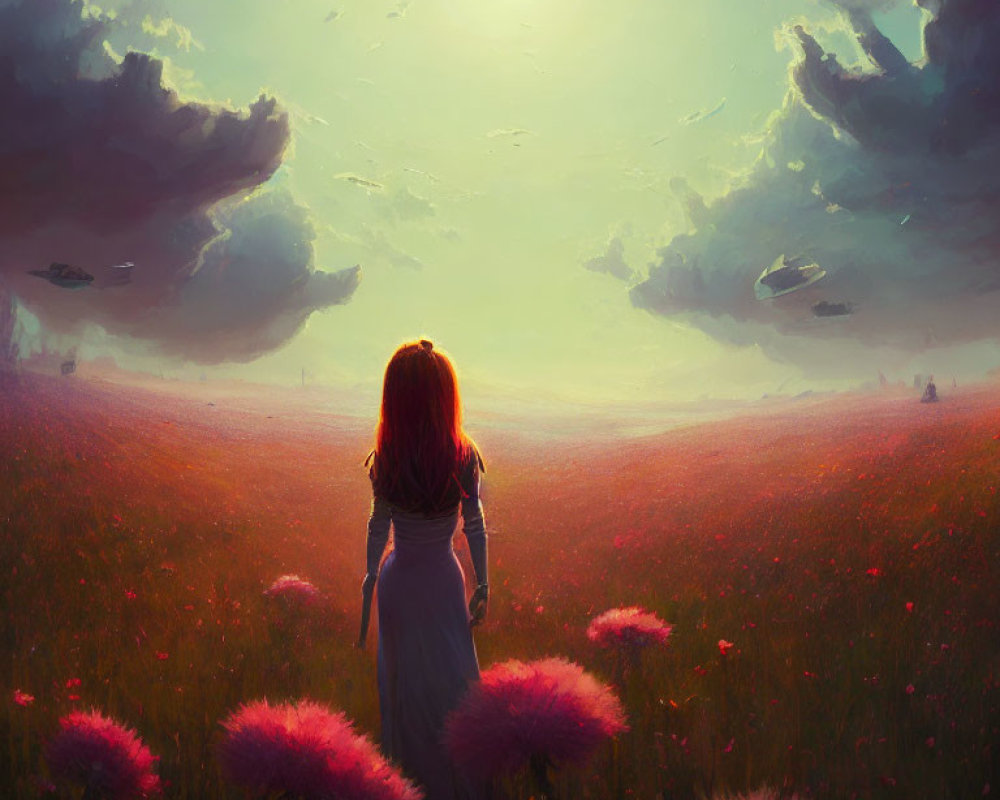 Woman standing in vibrant field with pink flowers under dreamy sky and floating islands, gazing at green