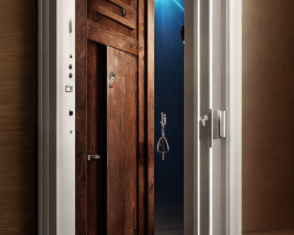 Partially Open Wooden Door with Keys and Blue Light in Modern Interior