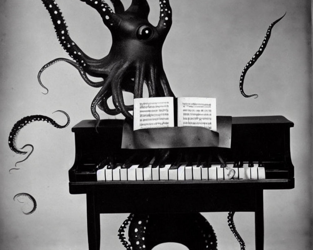 Octopus on piano with swirling tentacles and sheet music