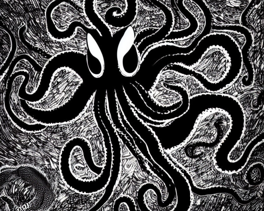 Monochrome octopus illustration on textured backdrop