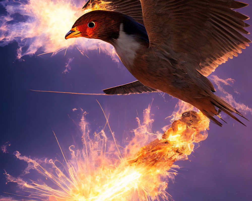 Fiery bird soaring in dramatic purple sky